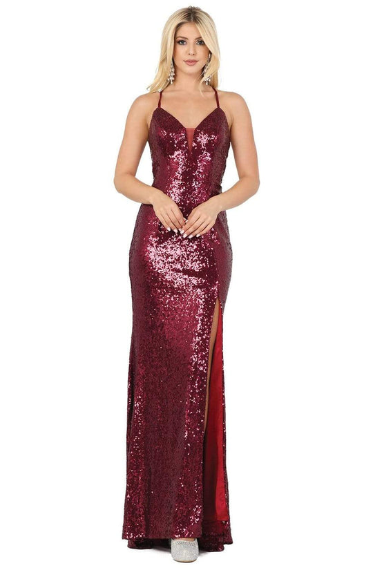 Dancing Queen - 4056 Sequined Deep V-neck Sheath Dress