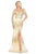 Dancing Queen - 4071 Off-Shoulder Metallic Appliqued High Slit Gown Prom Dresses XS / Gold