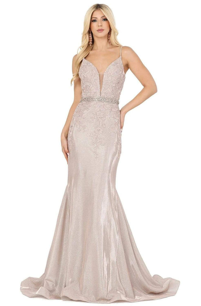 Dancing Queen - 4081 Floral Appliqued Glitter Metallic Gown Evening Dresses XS / Rose Gold