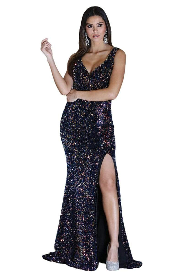 Dancing Queen - 4083 Sequin Embellished Sheath Prom Gown with Slit Prom Dresses XS / Multi Royal