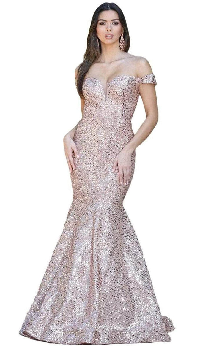Dancing Queen - 4095 Sequin Embellished Off-Shoulder Prom Dress Prom Dresses XS / Rose Gold
