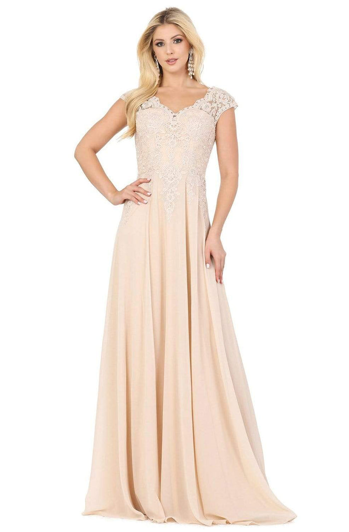 Dancing Queen - 4122 Sheer Cap Sleeve Floral Lace Bodice Dress Mother of the Bride Dresses XS / Champagne