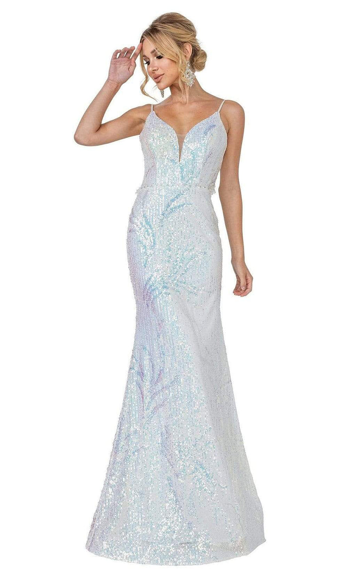 Dancing Queen - 4158 Sequined Deep V Neck Trumpet Dress Special Occasion Dress XS / Off White/Multi