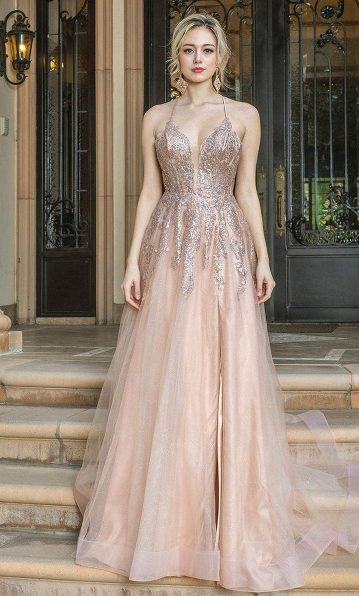 Dancing Queen 4226 - Sleeveless A-line Glittered Gown Prom Dresses XS / Rose Gold