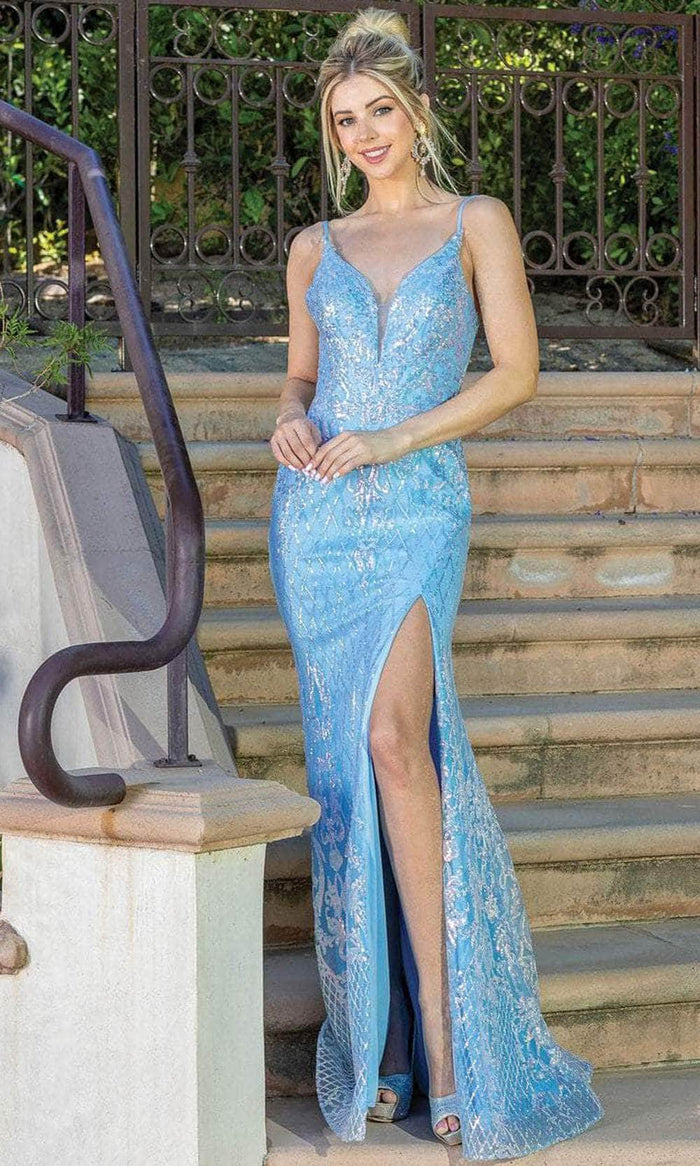 Dancing Queen 4248 - V-Neck Sequin Sheath Dress Special Occasion Dress XS / Bahama Blue