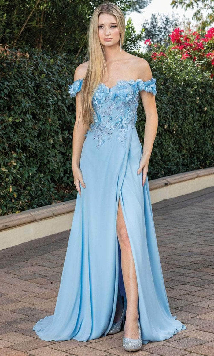 Dancing Queen 4268 - Floral Detailed Off Shoulder Prom Dress Special Occasion Dress XS / Bahama Blue