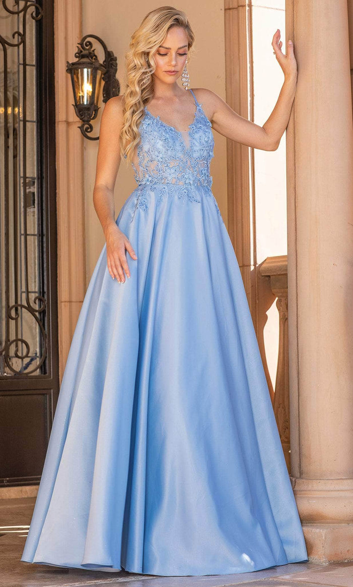 Dancing Queen 4326 - Lace Appliqued V-Neck Prom Gown Special Occasion Dress XS / Bahama Blue