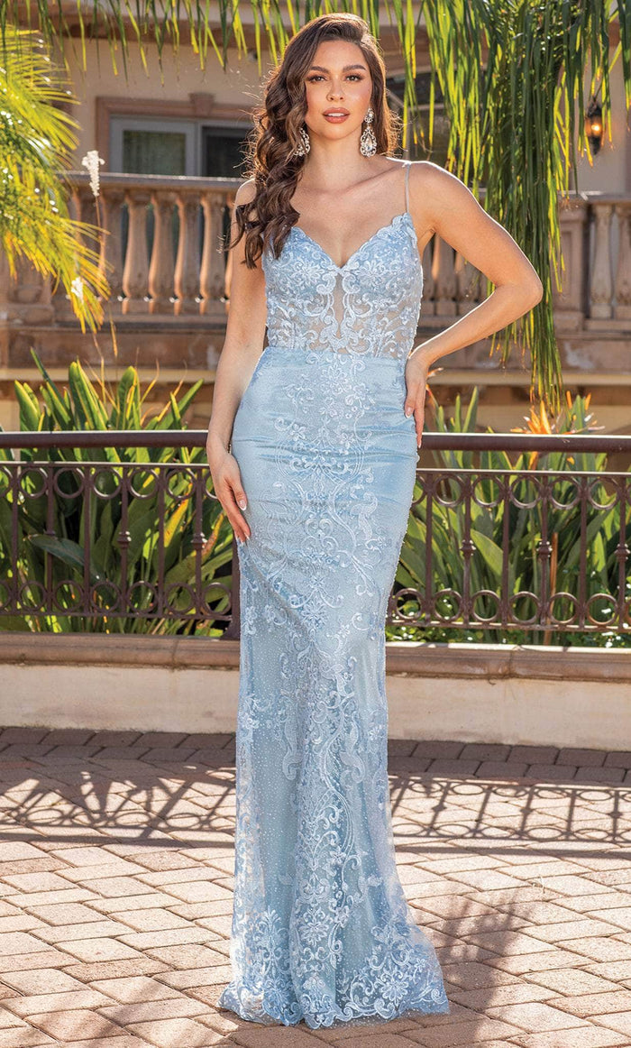 Dancing Queen 4357 - Embroidered Bodycon Long Gown Long Dress XS / Bahama Blue