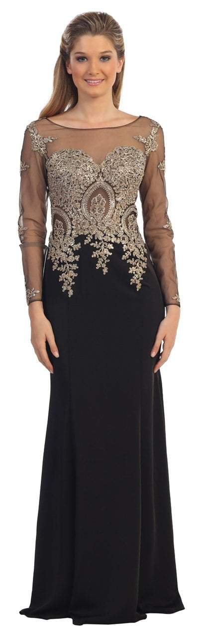 Dancing Queen - 8999 Illusion Dress with Beaded Lace Applique and Sleeves CCSALE S / Black/Gold