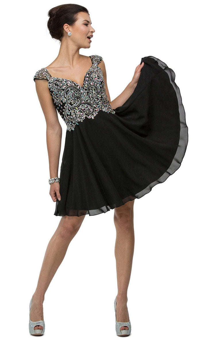 Dancing Queen - 9160 Cap Sleeve Adorned Sweetheart A-Line Cocktail Dress Cocktail Dresses XS / Black