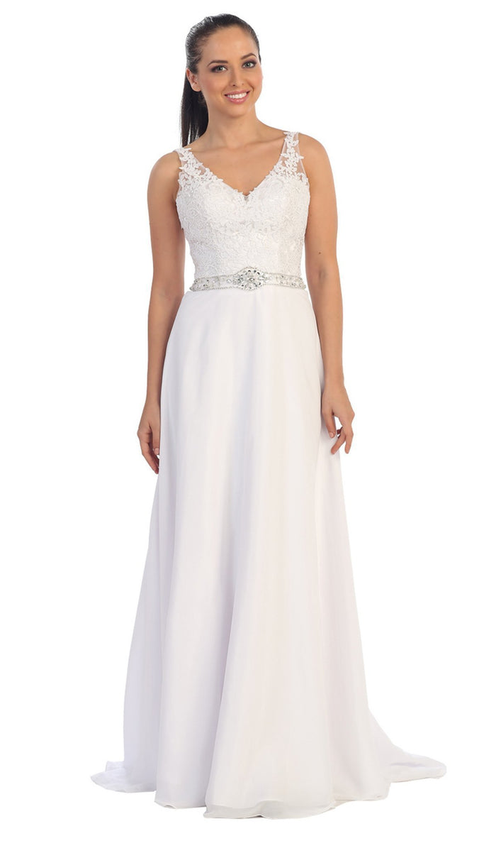 Dancing Queen - 9176 V-neck Lace Evening Gown Evening Dresses XS / White