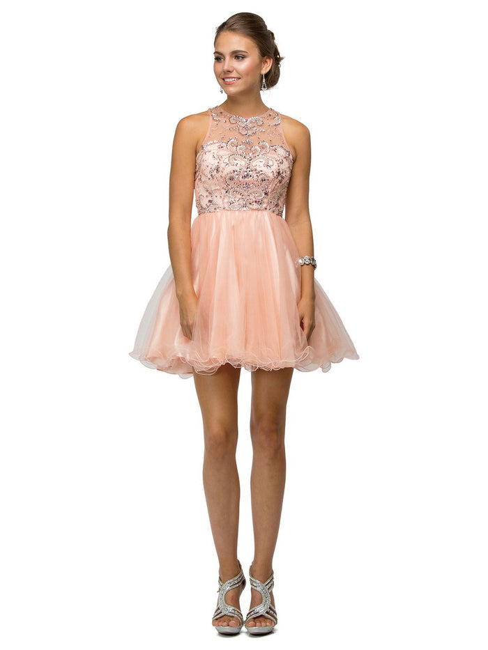 Dancing Queen - 9179 Flirty Jeweled Illusion Sweetheart Neck Polyester A-Line Dress CCSALE L / Blush