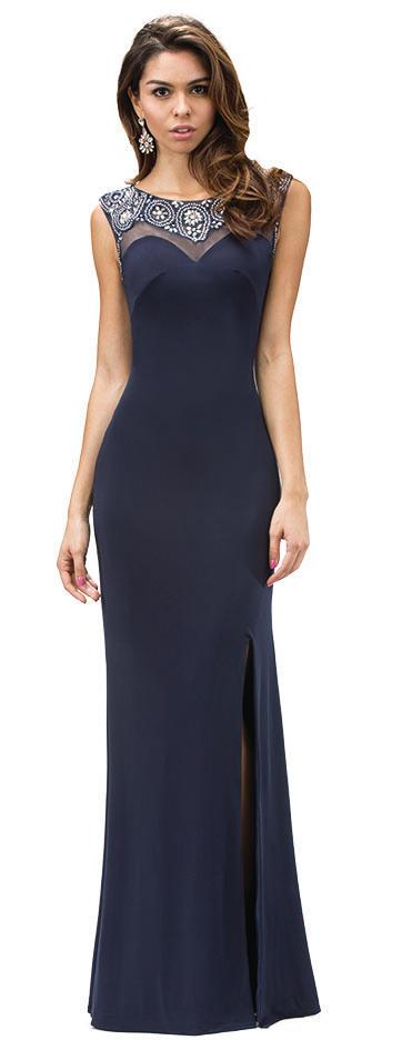 Dancing Queen 9249 Jewel Embellished Sheer Bodice Dress in Peach CCSALE S / Peach