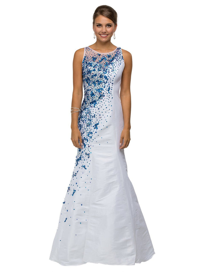 Dancing Queen 9501 Long Mermaid Style Dress with Sequin Accents CCSALE S / White/Royal Blue