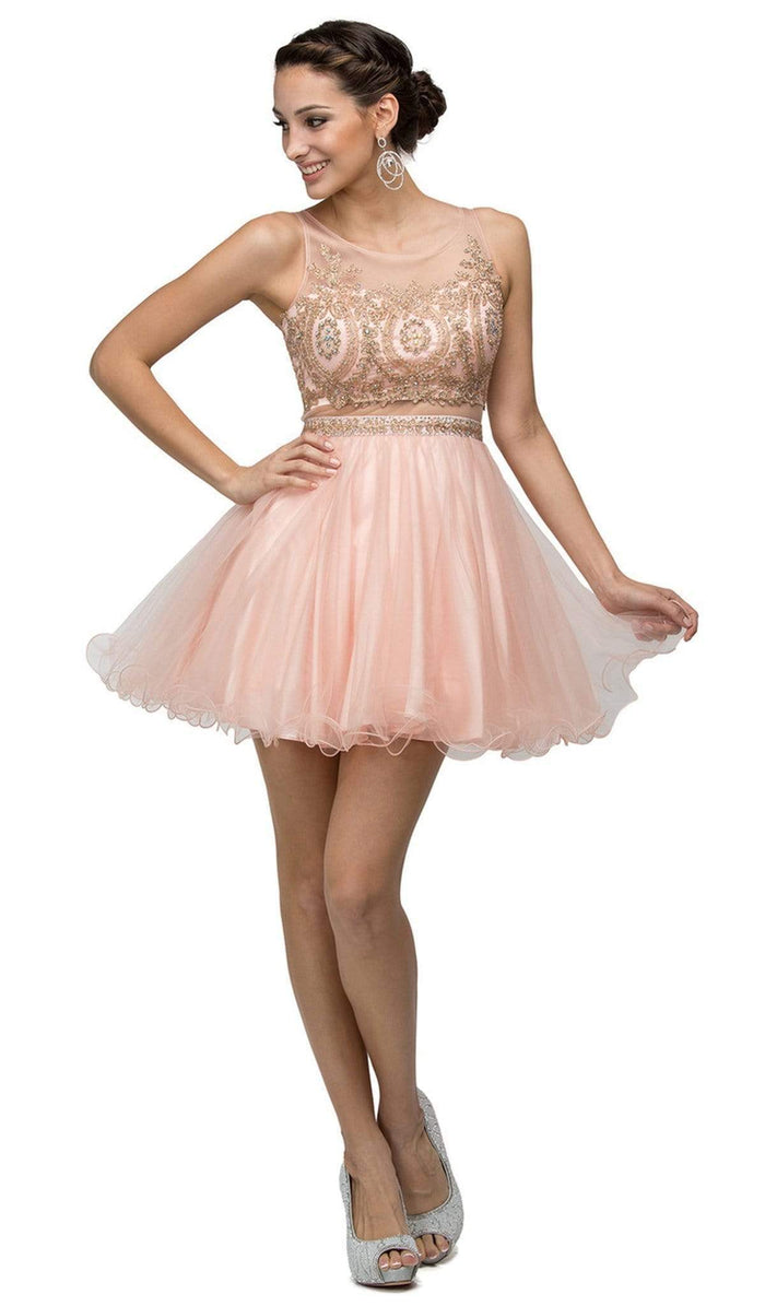 Dancing Queen - 9518 Lace Embellished Illusion A-Line Short Prom Dress Prom Dresses XS / Blush