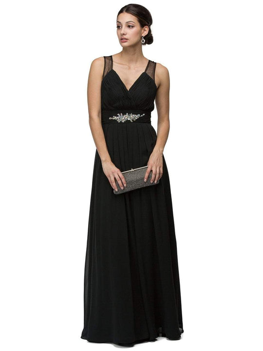 Dancing Queen 9539 Sophisticated Ruched V-Neck Chiffon A-line Dress CCSALE M / Black