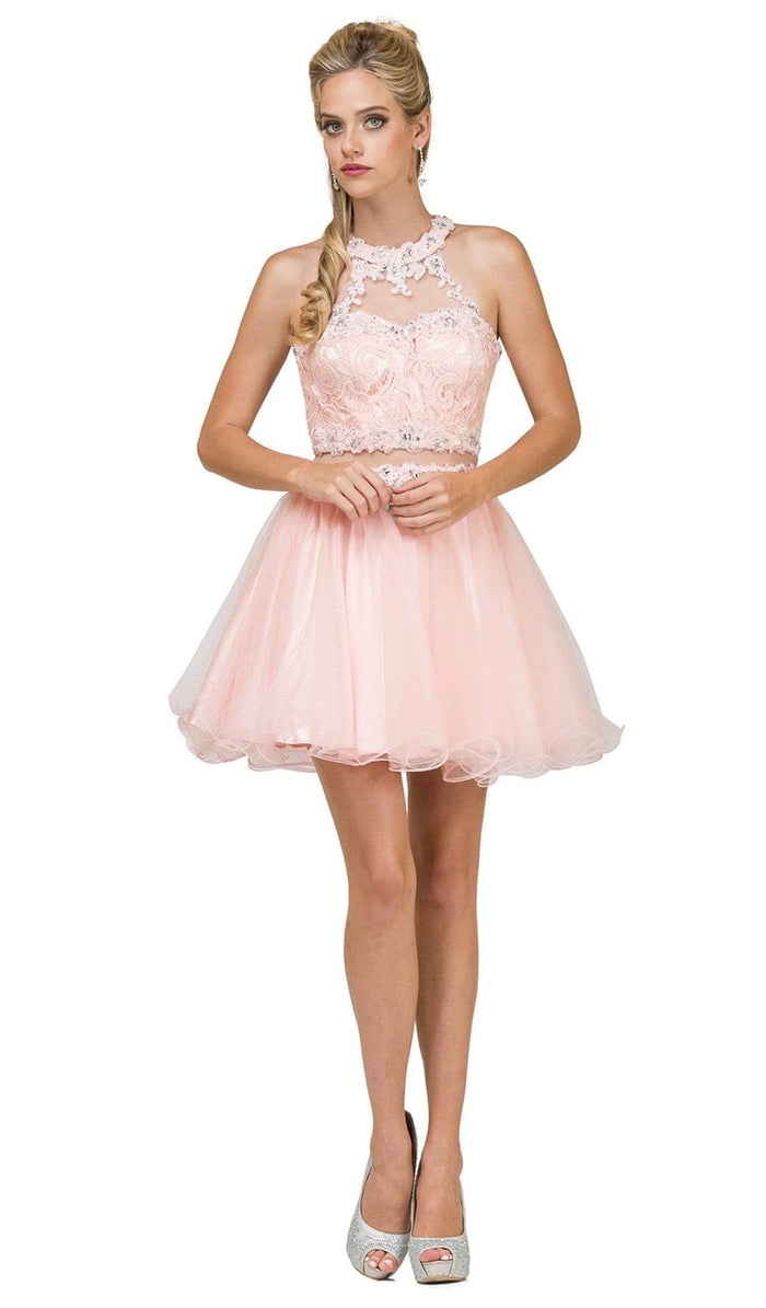 Dancing Queen - 9631 Appliqued Illusion High Neck Two-Piece Cocktail Dress Party Dresses XS / Blush