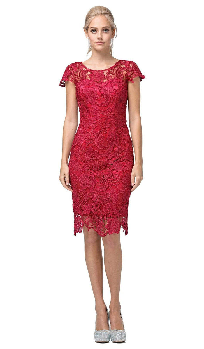 Dancing Queen - 9677 Lace Embroidered Scoop Neck Fitted Dress Wedding Guest XS / Burgundy