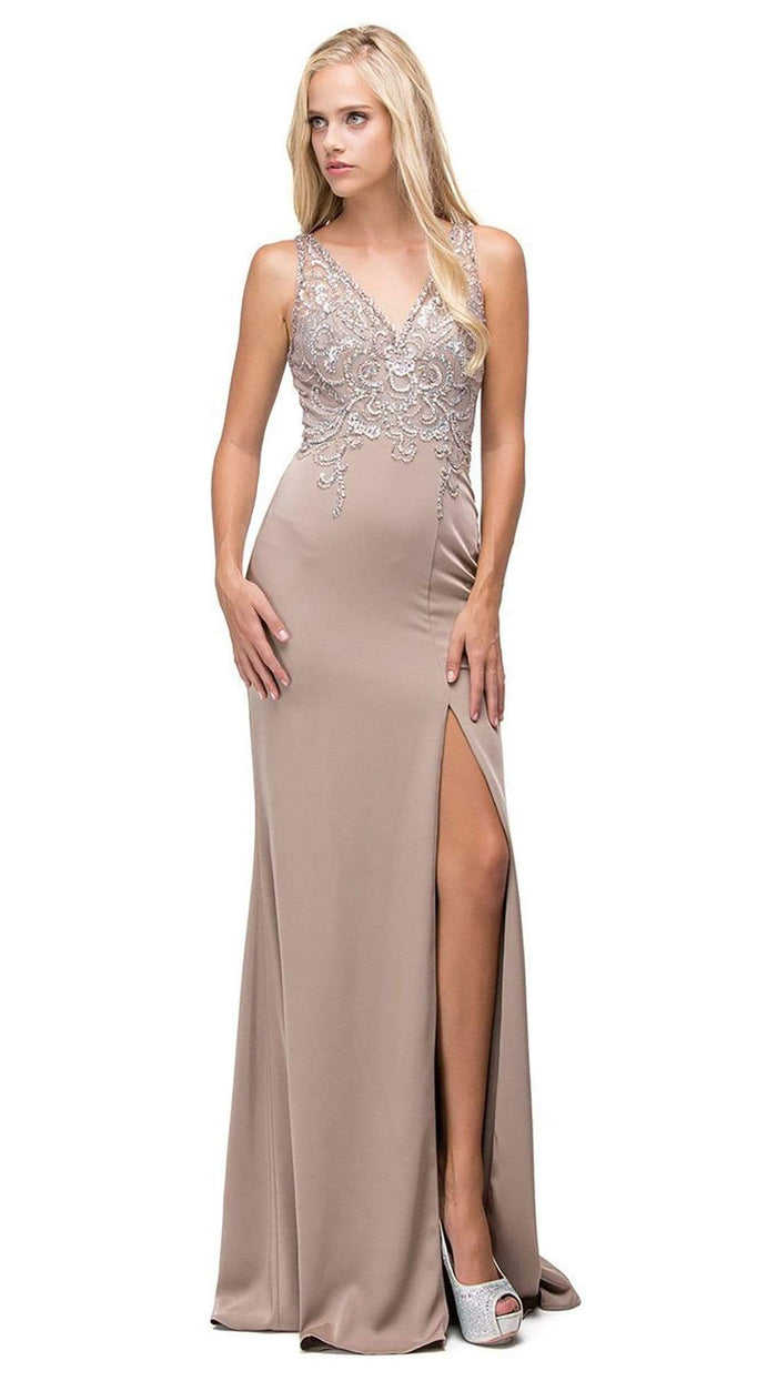 Dancing Queen - 9704 Cutout Illusion Back Beaded Bodice Evening Dress - 1 Pc. Tan in size Medium Available CCSALE M / Tan