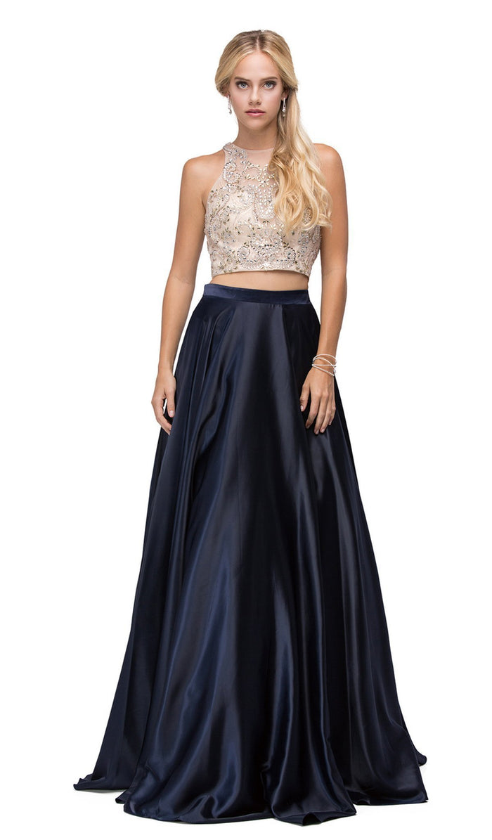 Dancing Queen - 9716 Two-Piece Jeweled Bodice Satin A-line Prom Dress Special Occasion Dress XS / Navy