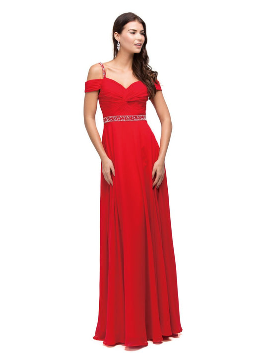 Dancing Queen 9718 Ruched Bejeweled Cold Shoulder Red Chiffon Dress CCSALE