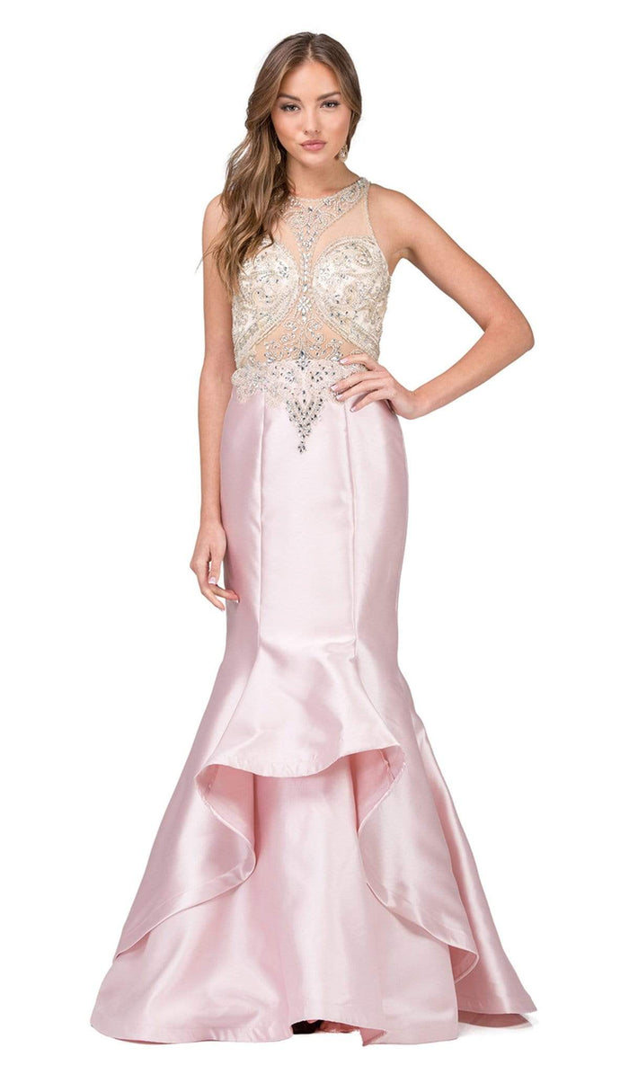 Dancing Queen - 9930 Jeweled Illusion Bodice Flounced Mermaid Gown Special Occasion Dress XS / Blush