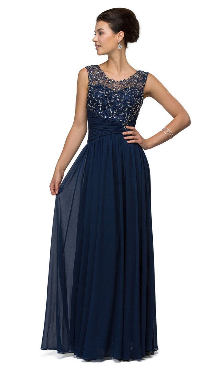 Dancing Queen - Asymmetrically Ruched Illusion A-Line Prom Dress 8816 - 1 pc Navy In Size S Available CCSALE S / Navy