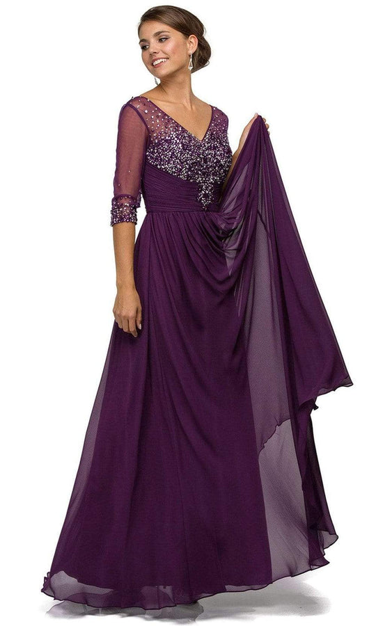 Dancing Queen - Bejeweled Illusion V-Neck Evening Gown 8855 CCSALE L / Plum