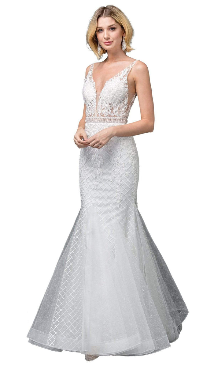 Dancing Queen Bridal - 123 Embroidered Deep V-neck Mermaid Dress Wedding Dresses XS / Off White