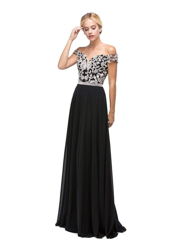 Dancing Queen Bridal - 9701 Off-the-Shoulder Long Prom Dress with Lace Applique Prom Dresses XS / Black