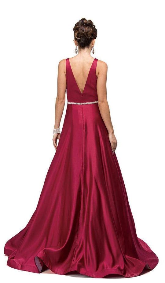 Dancing Queen Bridal - 9754 Classic Long Satin Prom Dress with V-back and Plunging Neckline