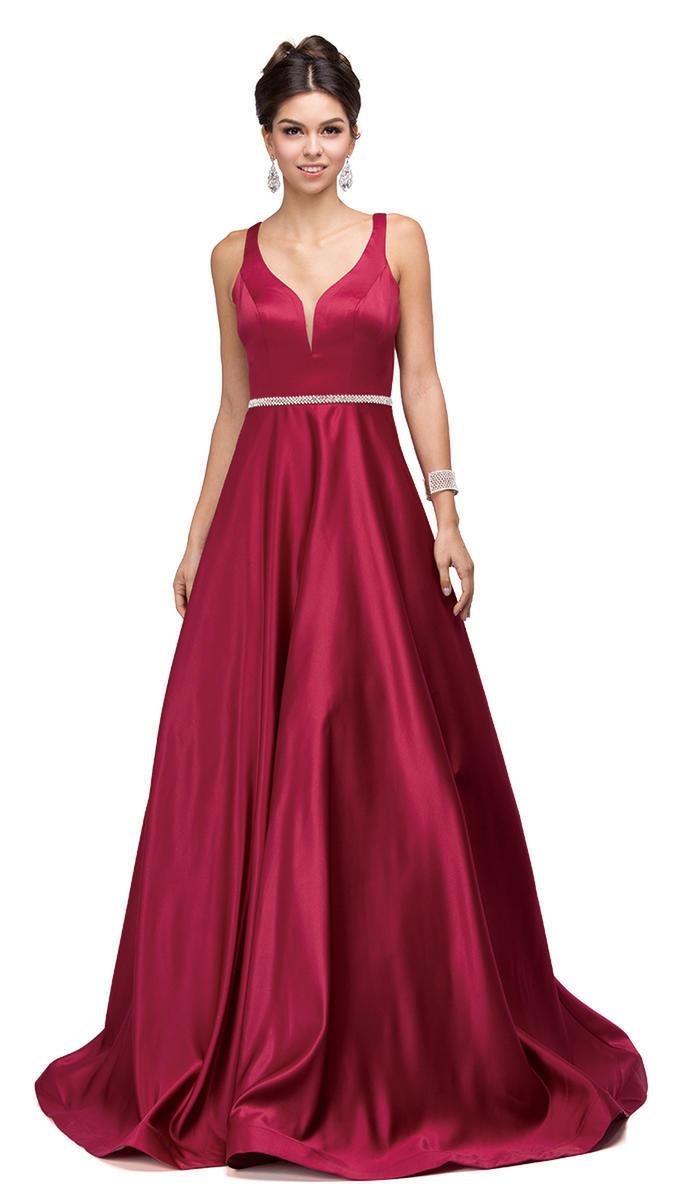Dancing Queen Bridal - 9754 Classic Long Satin Prom Dress with V-back and Plunging Neckline Prom Dresses XS / Burgundy