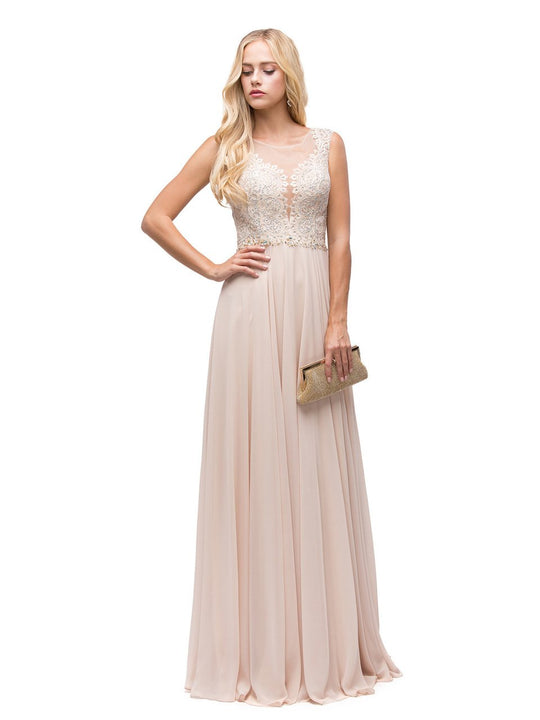 Dancing Queen Bridal - 9826 Gilded Lace Illusion A-Line Prom Dress