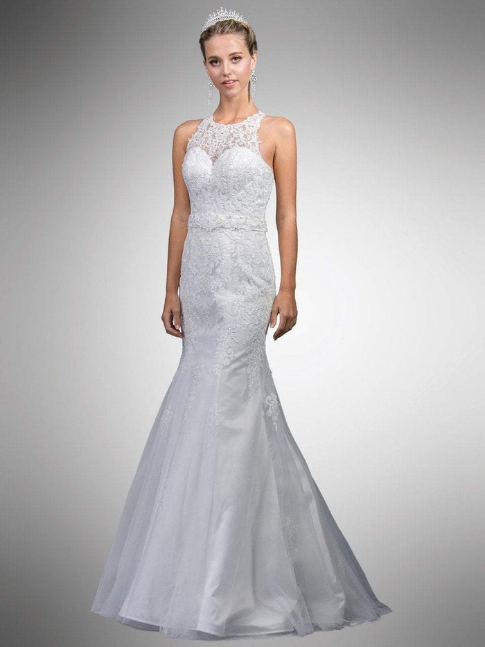 Dancing Queen Bridal - A7003 Beaded Lace Illusion Halter Mermaid Gown Special Occasion Dress XS / Off White