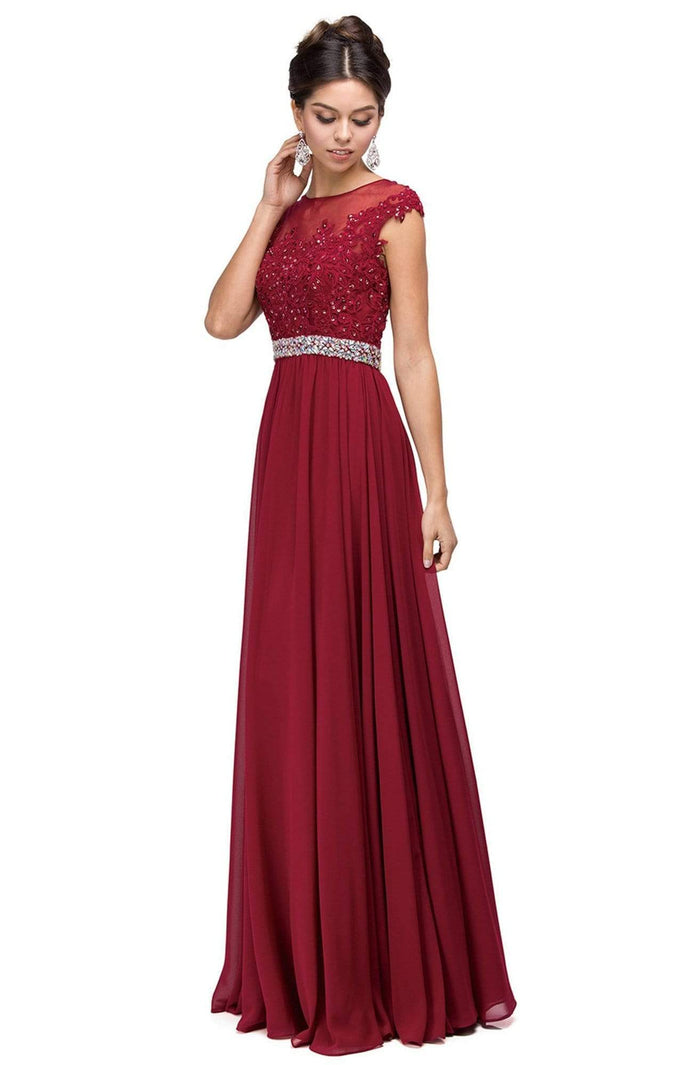 Dancing Queen - Cap Sleeve Illusion Beaded Belt A-Line Dress 9400 - 1 pc Taupe in Size S Available CCSALE XL / Burgundy