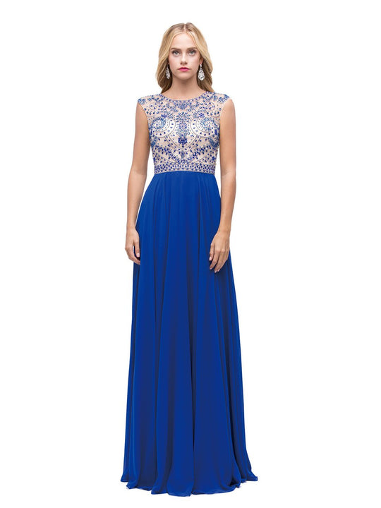 Dancing Queen Cap Sleeved Bejeweled Evening Gown 9931 CCSALE S / Royal Blue