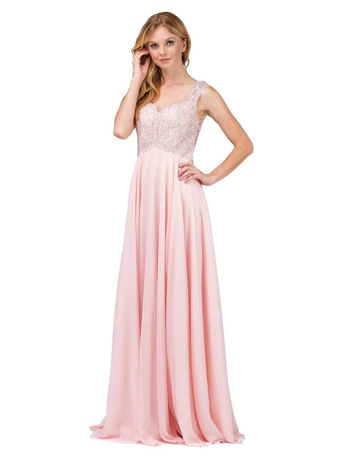 Dancing Queen - Embellished Lace Bodice V-Back Long Formal Dress 9899 - 1 pc Blush In Size M Available CCSALE M / Blush