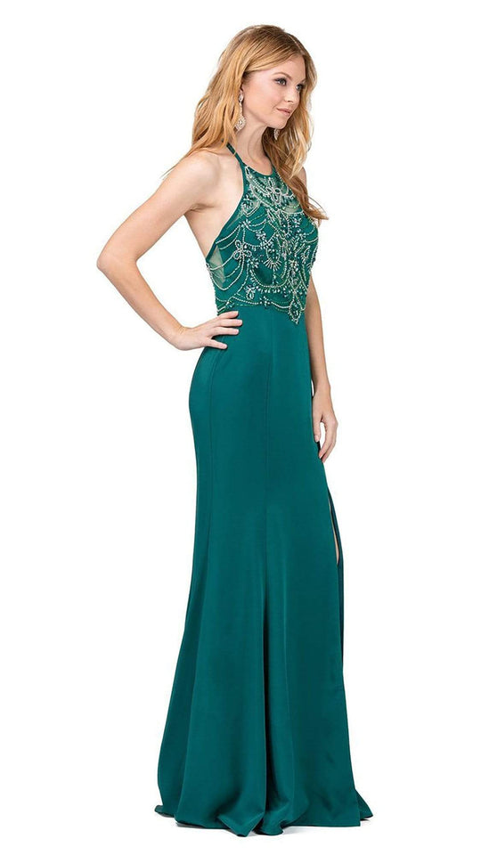 Dancing Queen Illusion Halter Jeweled Garland Motif Sheath Gown 2200 - 1 pc Hunter Green In Size M Available CCSALE M / Hunter Green