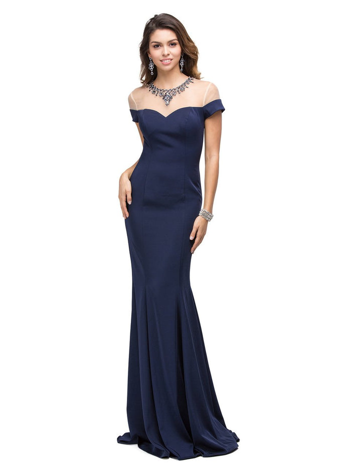 Dancing Queen Jeweled Illusion Short Sleeve Long Gown - 1 pc Navy In Size L Available CCSALE L / Navy