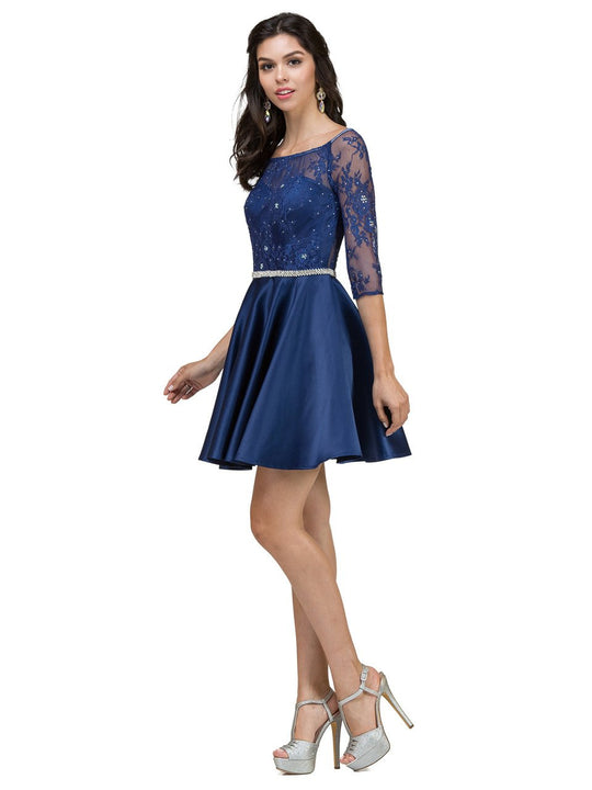 Dancing Queen Lace Embellished Illusion Bateau A-Line Dress 2112 CCSALE S / Navy