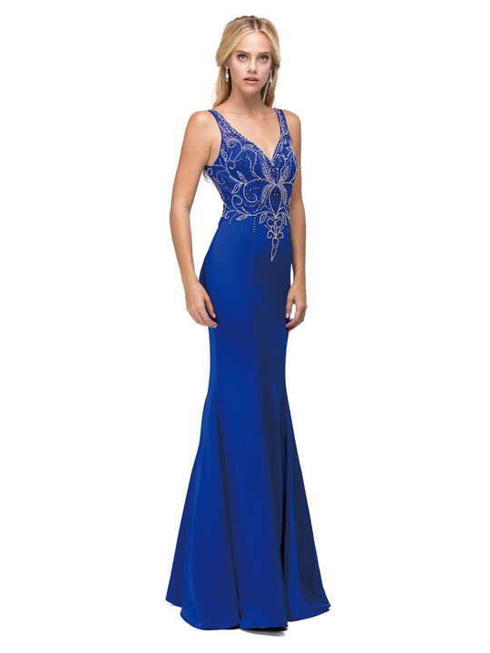 Dancing Queen Long Beaded V-Neck Bodice Prom Dress 9671 CCSALE S / Royal Blue