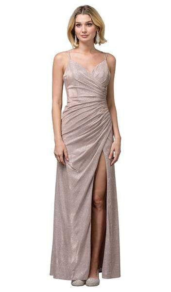 Dancing Queen - Pleated Surplice High Slit Metallic Dress 2875 - 1 pc Rose Gold In Size M Available CCSALE M / Rose Gold