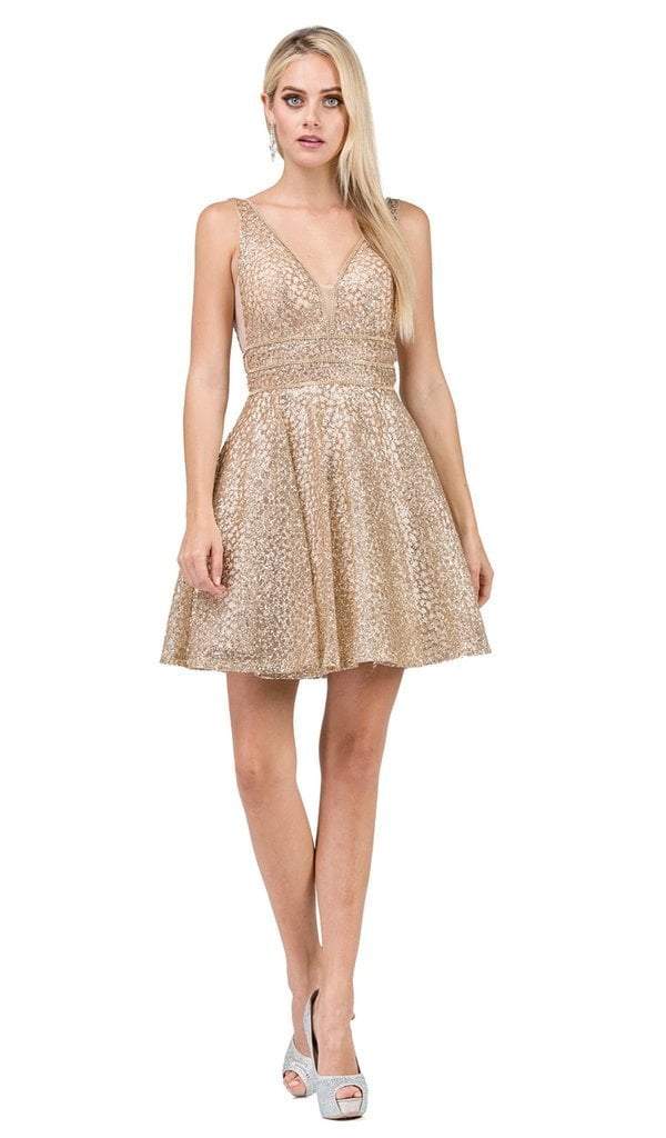 Dancing Queen - Plunging V-Neck A-Line Cocktail Dress 3086 - 1 pc Gold In Size XS Available CCSALE XS / Gold