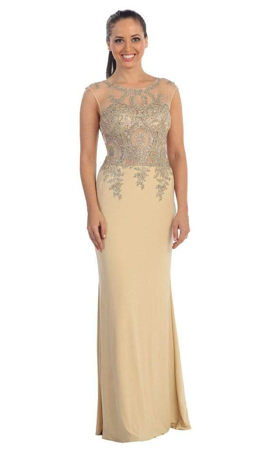 Dancing Queen - Sheer Cap Sleeves Gold Tone Lace Applique Gown 9173 - 1 Pc. Nude in size Medium Available CCSALE M / Nude