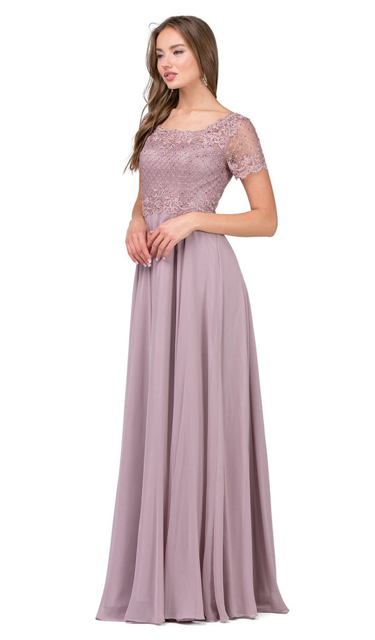 Dancing Queen - Short Sleeve Illusion Lattice Ornate A-Line Gown 2268 - 1 pc Blush In Size M Available CCSALE M / Blush