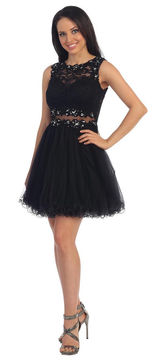 Dancing Queen Sleeveless Lace Illusion Tulle Short Prom Dress 9080 CCSALE 3XL / Black
