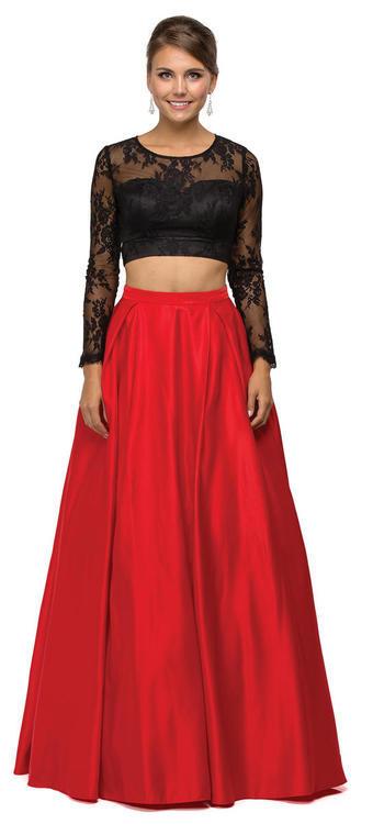 Dancing Queen Two-Piece Long-Sleeved Lace Evening Gown 9445 CCSALE S / Black/Red