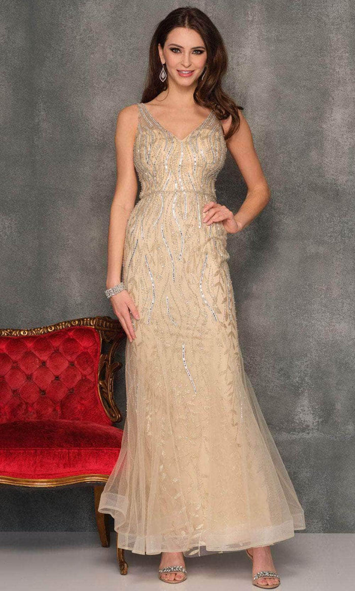 Dave & Johnny 10695 - Illusion V-Back Embellished Prom Gown Special Occasion Dress 00 / Gold