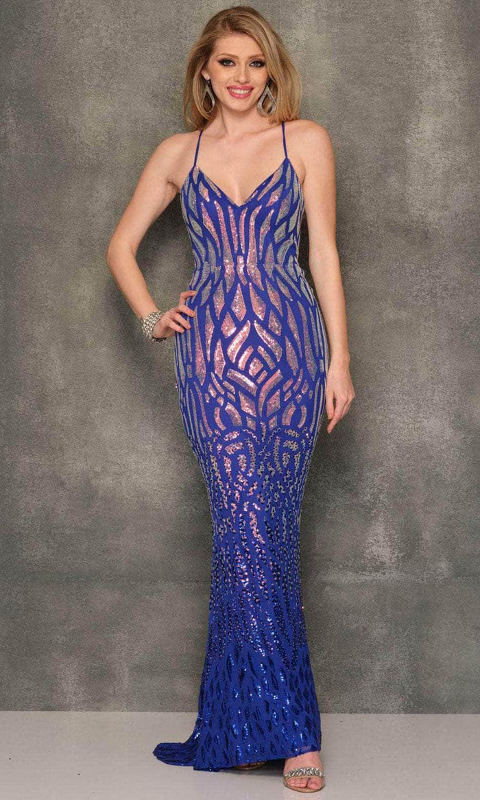 Dave & Johnny 10857 - Sequined Lace-Up Back Prom Gown Special Occasion Dress 00 / Royal