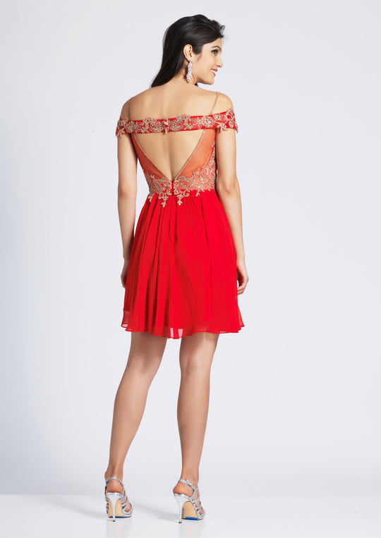 Dave & Johnny - 3633 Gilded Lace Appliqued Keyhole A-Line Dress